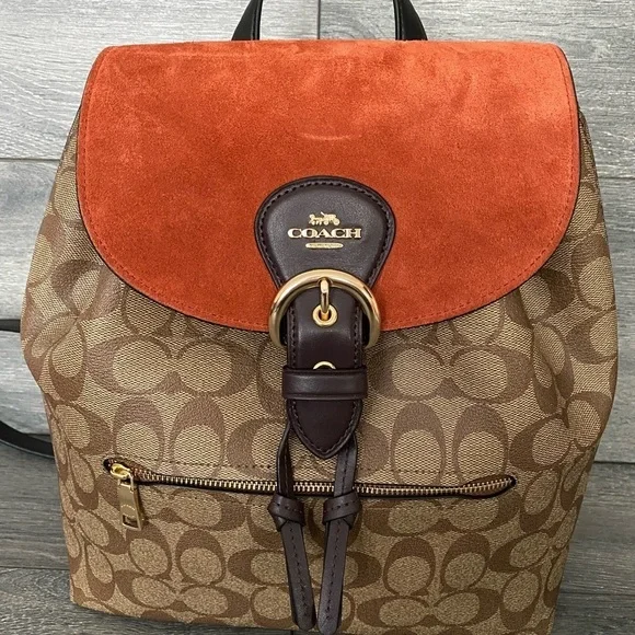 Coach Suede Kleo khaki multi backpack bagwomen signature - Picture 2 of 13